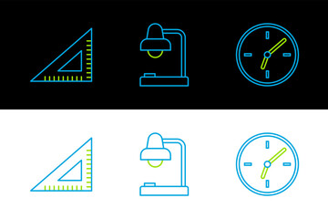 Set line Clock, Triangular ruler and Table lamp icon. Vector