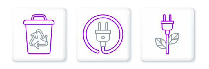 Set line Electric saving plug in leaf, Recycle bin with recycle symbol and icon. Vector