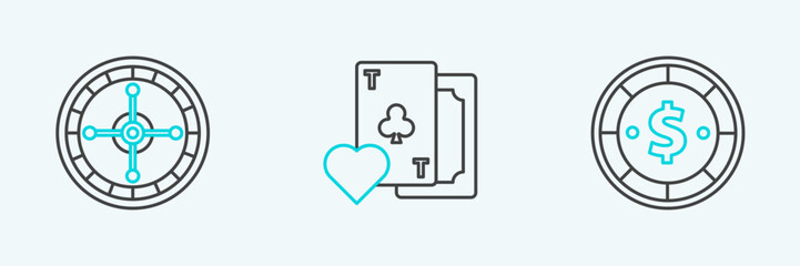 Set line Casino chip with dollar, roulette wheel and Playing card clubs symbol icon. Vector