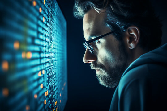 Generative ai collage photo of professional programmer working on binary code javascript