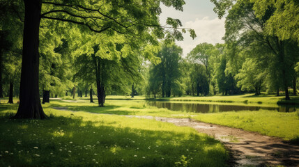 Beautiful summer landscape with green foliage in the park
