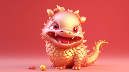 3d cute golden dragon character on blurred red background