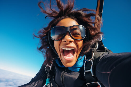 Generative AI picture of happy person parachutist smiling gir in free fall concept of happiness and freedom