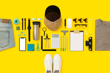 Back to school, stationary flat lay with mobile phone mockup