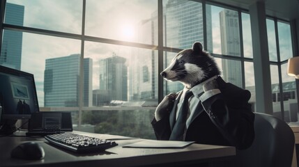 A ferret in a suit sitting at a desk in front of a computer. Generative AI.