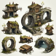 A set of different small houses and a bridge. Digital image.