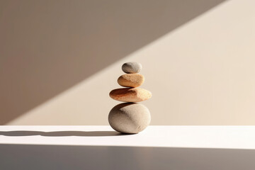 Zen stone composition on a beige background with shadow and sunlight. Balanced stacks of stones evoke tranquility and meditative state. Neutral tones enhance the sense of calmness. Copy space