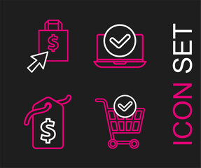 Set line Shopping cart with check mark, Price tag dollar, Laptop and Shoping bag and icon. Vector