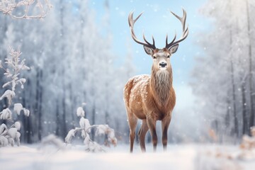 Naklejka na ściany i meble Beautiful deer in winter standing in the forest.generative ai 