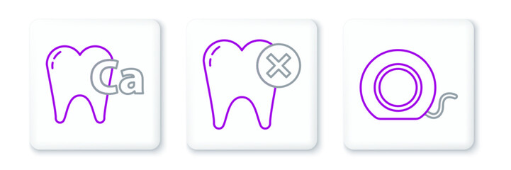 Set line Dental floss, Calcium for tooth and Tooth with caries icon. Vector