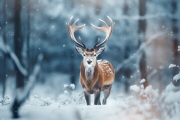 Beautiful deer in winter standing in the forest.generative ai
