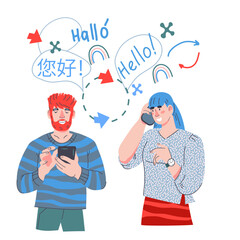 Language learning app, multilingual translator concept. People use mobile app to translate and communicate on foreign languages, flat vector illustration isolated on white background.