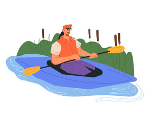 Woman tourist on a kayak, flat cartoon vector illustration isolated on background. Travel or use a kayak, kayaking sport and tourism.