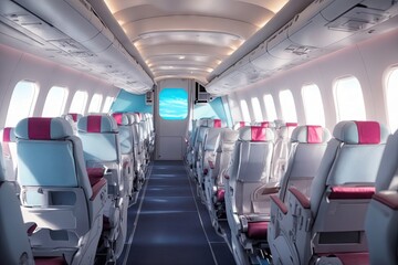 Obraz premium View of blurred empty passenger airplane seats in the cabin in blue colored, blurred of empty seat in the aircraft.
