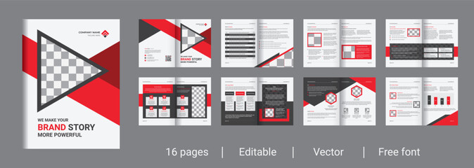 16 page corporate brochure editable template layout, minimal business brochure template design, red business brochure template layout design, 
