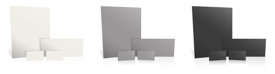 Three promotional paper blank template white, grey and black for presentation layouts and design.