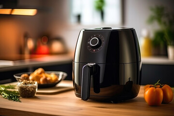 Fototapeta na wymiar Air fryer oil free, a black air fryer or oil free fryer appliance is on the wooden table in the kitchen at home. Generative Ai