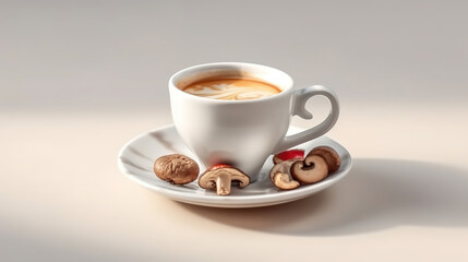 Trendy mushroom coffee in white porcelain vintage cup over white background. Generative ai