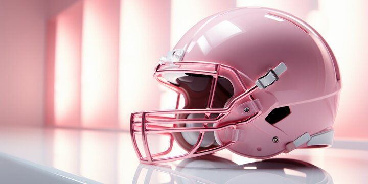 Pink american football helmet side view on a pink background. Futuristic sport concept.