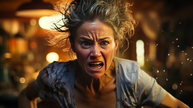 Vivid Portrait Of A Middle-aged Woman In Deep Frustration, Fists Clenched, With Her Broken Dishwasher In The Kitchen— Conveying Domestic Stress And Disappointment.