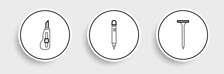 Set line Metallic nail, Stationery knife and Pencil with eraser icon. Vector