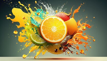 ILLUSTRATION WITH AN EXPLOSION OF FRESH CITRUS. AI GENERATED ILLUSTRATION