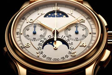 A beautiful luxury expensive men's gold watch photographed close up, front view. Advertising for watch shops.generative ai
