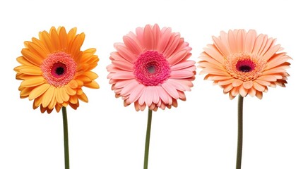 A group of three different colored flowers on a white background. Digital image.