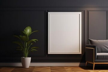 Blank horizontal poster frame mock up in minimal Dark style living room interior, modern living room interior background, Generative AI
