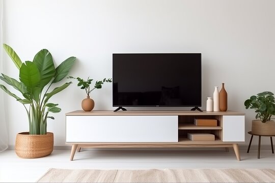 Television put on tv stand  wood table, in minimal empty space livingroom room background white wall Generative AI