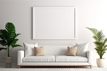 Blank horizontal poster frame mock up in minimal white style living room interior, modern living room interior background, Generative AI