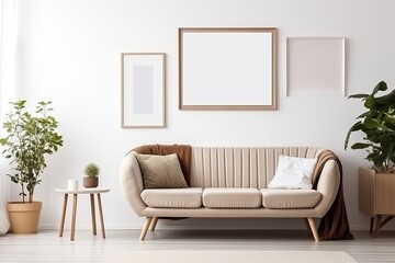 Blank horizontal poster frame mock up in minimal Scandinavian white style living room interior, modern living room interior background, Generative AI
