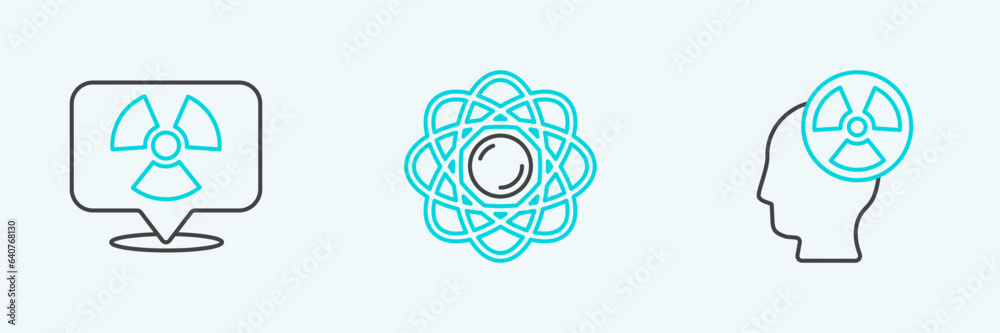 Poster set line head and radiation symbol, radioactive in location and atom icon. vector