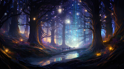 Magical fantasy fairy tale scenery, night in a forest with glowing lights.