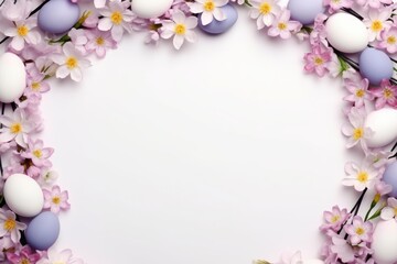 Naklejka na ściany i meble A wreath of easter eggs and flowers on a white background. Digital image.