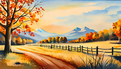 Watercolor painting style autumn landscape