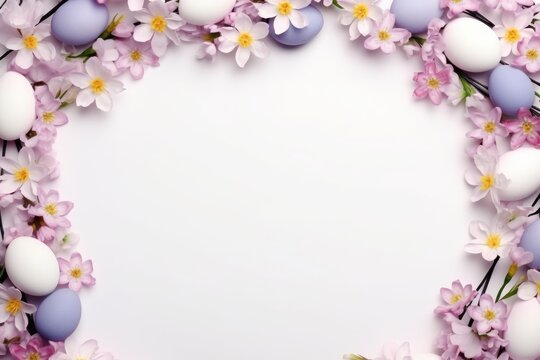 A wreath of easter eggs and flowers on a white background. Digital image.