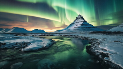 Naklejka premium photo of The mesmerizing aurora borealis in Iceland.diploma, two people, graduation, young adult, pride, certificate, looking at camera, retirement, campus, one person, university, confidence, achieve