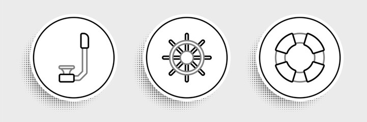 Set line Lifebuoy, Snorkel and Ship steering wheel icon. Vector