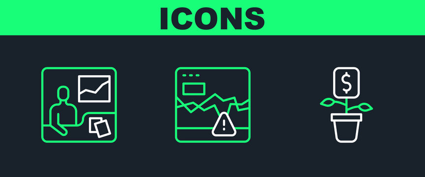 Set line Dollar plant, Trading courses and Failure stocks market icon. Vector