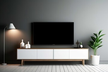 Television put on wood table tv stand on foreground in minimal interior room background white wall, Generative AI