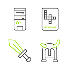 Set line Viking in horned helmet, Sword for game, Crossword and Computer icon. Vector