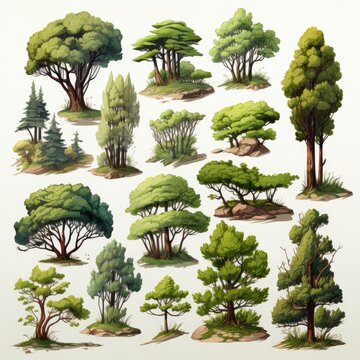 A bunch of trees that are standing in the grass. Digital image. Clipart set on white background