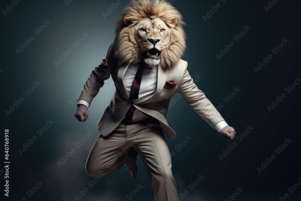 Wall mural Anthropomorphic lion dressed in an elegant suit like a businessman. AI generated