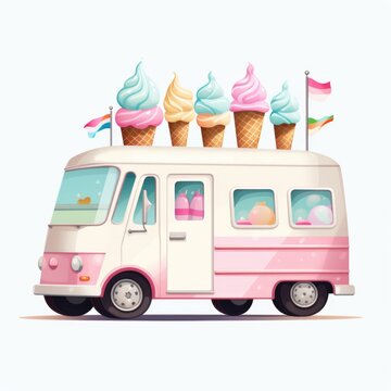 An ice cream truck with three ice cream cones on top. Digital image.