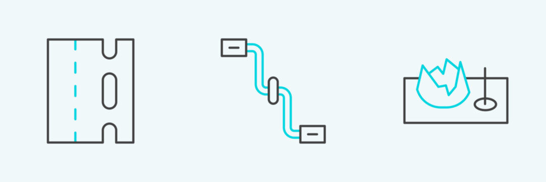 Set Line Bicycle On Street Ramp, Lane And Pedals Icon. Vector