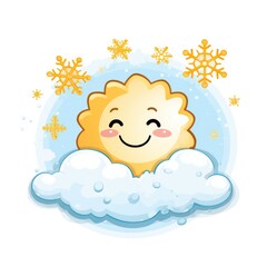 A smiling sun sitting on top of a cloud. Digital image.