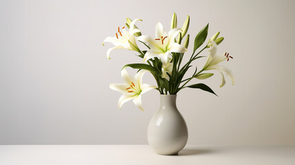 A bouquet of lily in a vase isolated on white background. Minimal photo style with copyspace. Digital illustration generative AI.