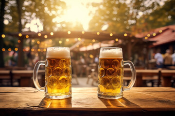 Two glasses of beer at a wooden table in the Oktoberfest event.