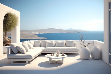Luxury apartment terrace Santorini  Interior of modern living room sofa or couch with beautiful sea view. Generative AI, Generative AI - obrazy, fototapety, plakaty